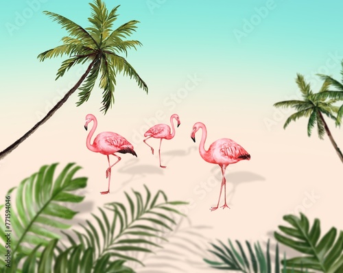 Summer pink flamingo in garden