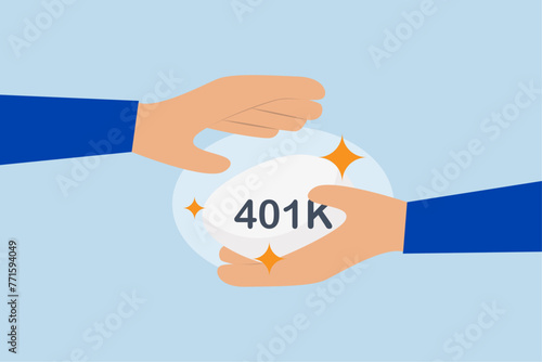 Protect your 401k in economic crisis, gently holding the businessman hand and covering the silver egg with the 401K label.