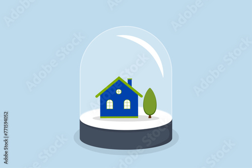 House insurance, a small house under strong protection of the glass shell.