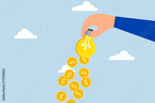 Idea to make money, dollar coins falling from businessman hand shaking light bulb or light bulb idea.