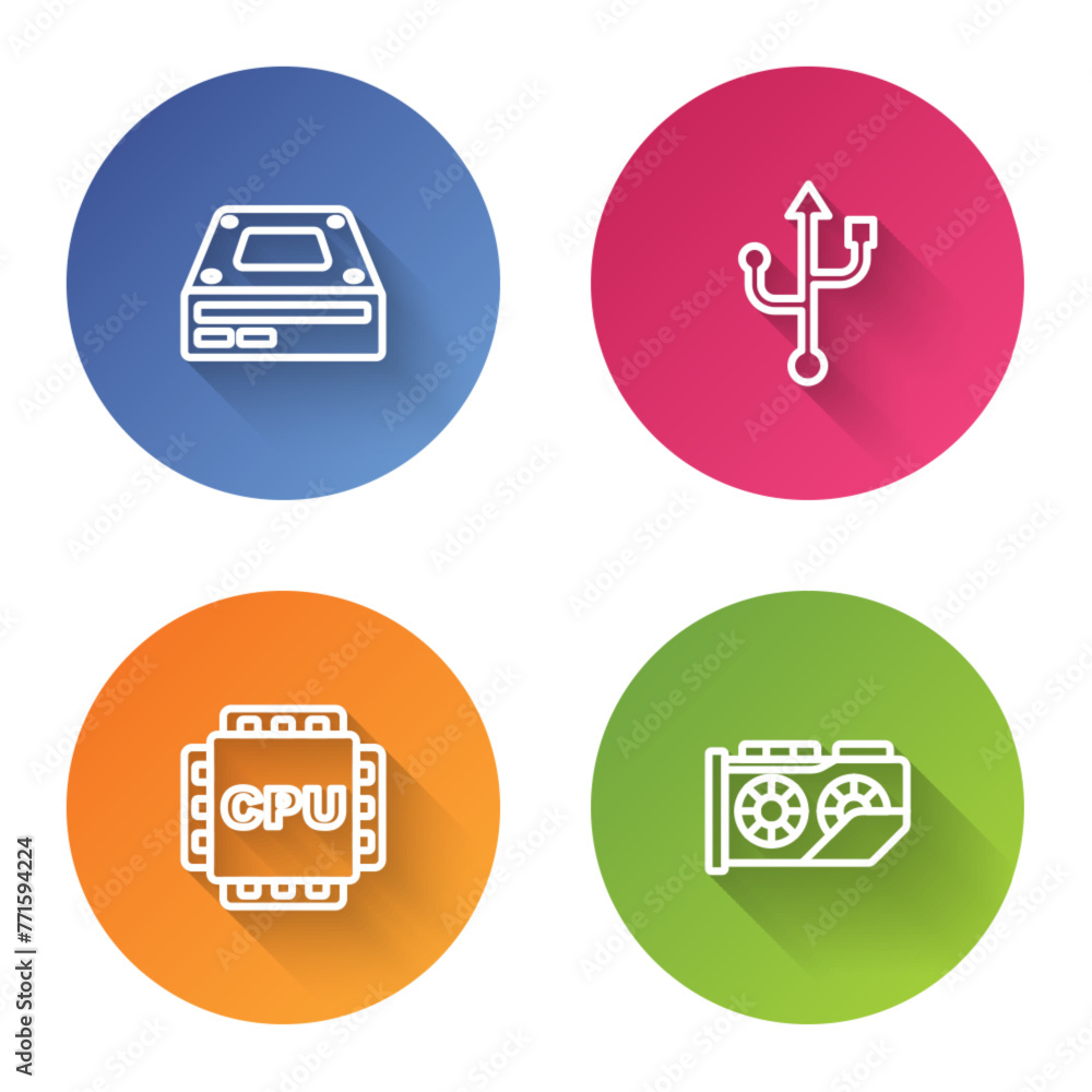 Set line Optical disc drive, USB, Processor with CPU and Video graphic card. Color circle button. Vector Set line Optical disc drive, USB, Processor with CPU and Video graphic card. Color circle button. Vector