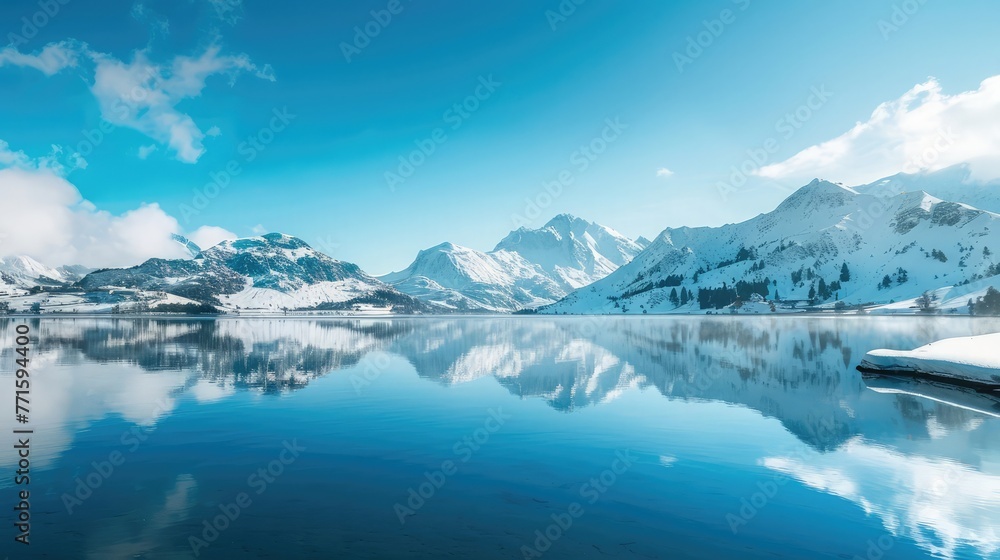 Picturesque scenery of calm lake surrounded by snowy mountains under blue sky in sunny winter day