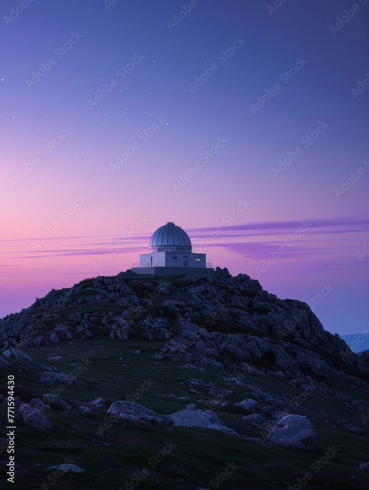 An observatory silhouetted against a starry sky with a colorful twilight horizon, evoking wonder and discovery