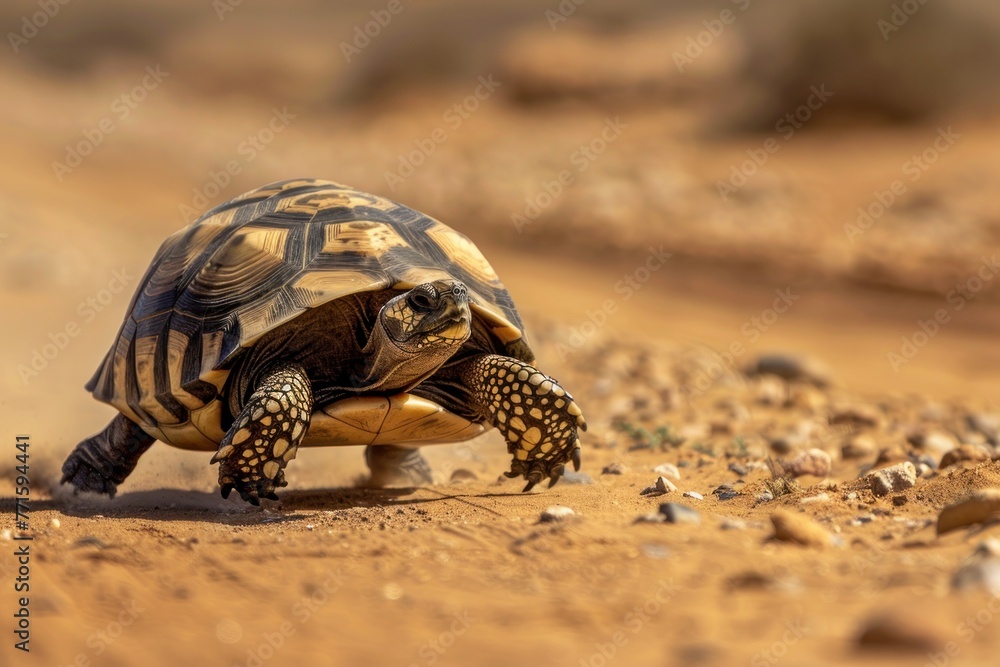 Fototapeta premium Fast turtle running at full speed in the desert road