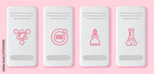 Set line Molecule, Helium, Alcohol or spirit burner and Test tube. White rectangle button. Vector