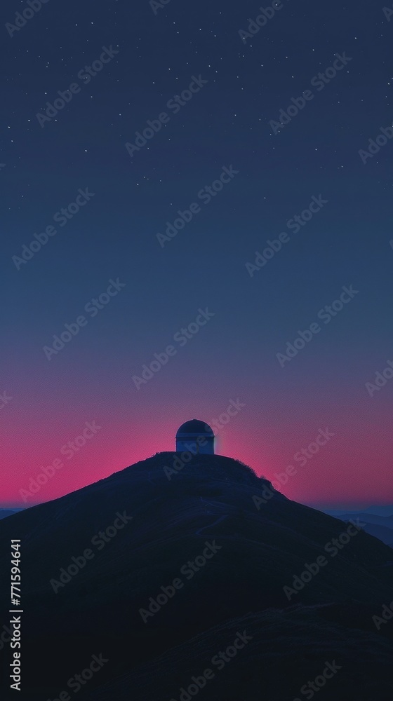 Twilight colors the sky behind an astronomical observatory atop a remote hill, as stars begin to twinkle in the tranquil scene