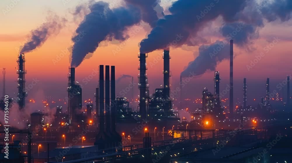 Oil refinery with pipes smoking into the sky, environmental problems of air pollution. Oil refinery with pipes smoking into the sky, environmental problems of air pollution.