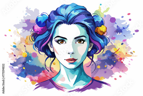 Fototapeta Naklejka Na Ścianę i Meble -  Attractive watercolor lovely girl face with hair style design.