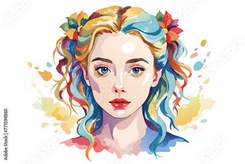 Attractive watercolor lovely girl face with hair style design. © mk graphics