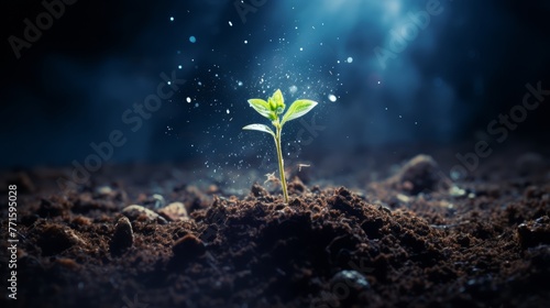 Sprout growing in soil, concept of new life with space above photo