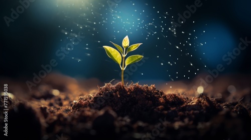 Sprout growing in soil, concept of new life with space above photo