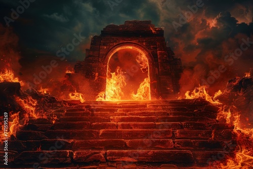 Gate to hell with steps and fire