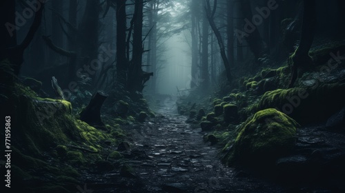 Atmospheric forest in fog, mysterious path