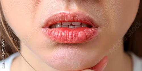 Closeup photo of a persons mouth showing a canker sore swollen gums and inflamed throat. Concept Dental Health, Oral Hygiene, Mouth Sores, Throat Inflammation, Swollen Gums photo
