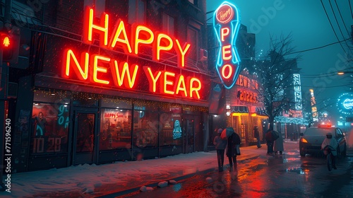 LED lights forming "HAPPY NEW YEAR 2025" on the facade of a futuristic building