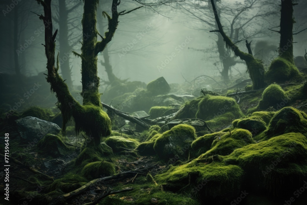 mossy grass and fog in a forest