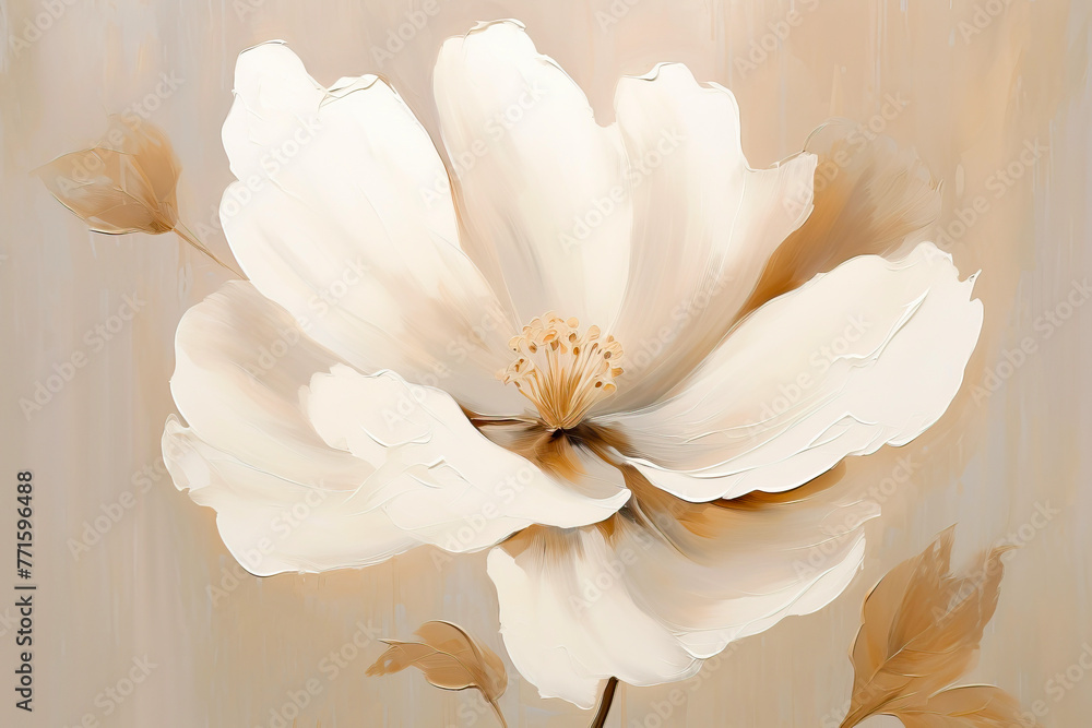 Oil painting of white flower, large white petals on beige background - obrazy, fototapety, plakaty 