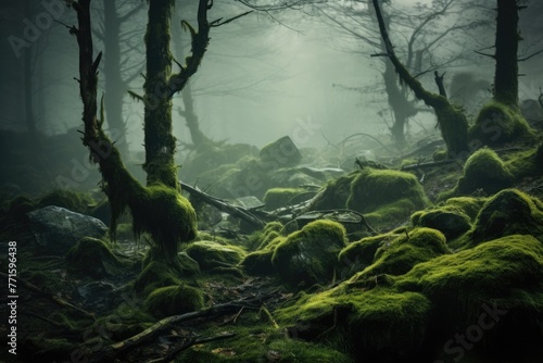 mossy grass and fog in a forest © Alexei