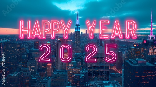 Neon lights forming "HAPPY NEW YEAR 2025" against a city skyline at night