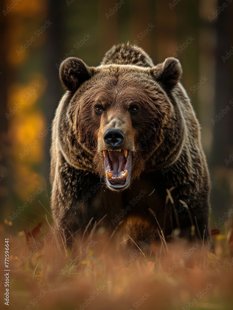 Fototapeta premium A close-up shot of a fierce brown bear roaring with its mouth open, showcasing its sharp teeth in a natural setting