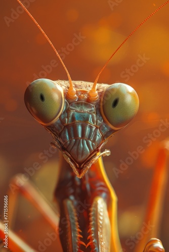 A close-up view of a praying mantis showcasing its intricate body structure and forearms raised in a striking pose © pham