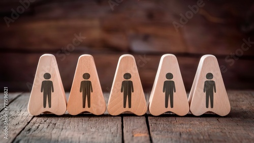 Five wooden figures standing in a row. Each figure has a person icon on it. The figures are made of wood and have a brown color. They are placed on a wooden table.