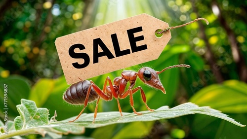 An ant on a leaf with a sale tag on its back.