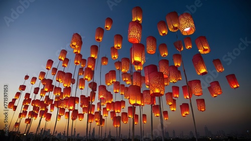 A group of red lanterns floating in the air. They are lit and cast a warm glow against the dark sky. The lanterns are arranged in a way that forms a few clusters, some higher and some lower.