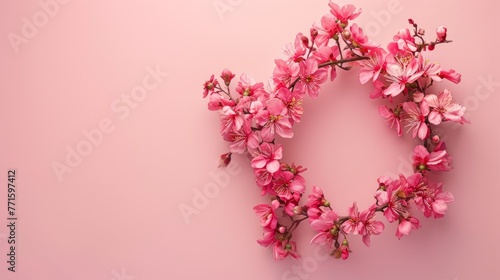 Flowers composition. Wreath made of pink flowers on pink background