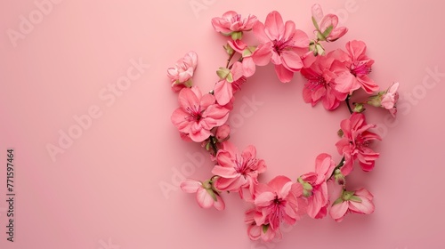 Flowers composition. Wreath made of pink flowers on pink background