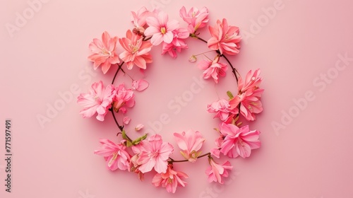 Flowers composition. Wreath made of pink flowers on pink background