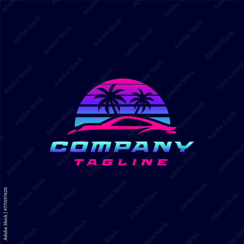 Colorful Car Silhouette In Beach Flavor Logo Design. Car Silhouette With Beach Sunset Background Logo Design.
