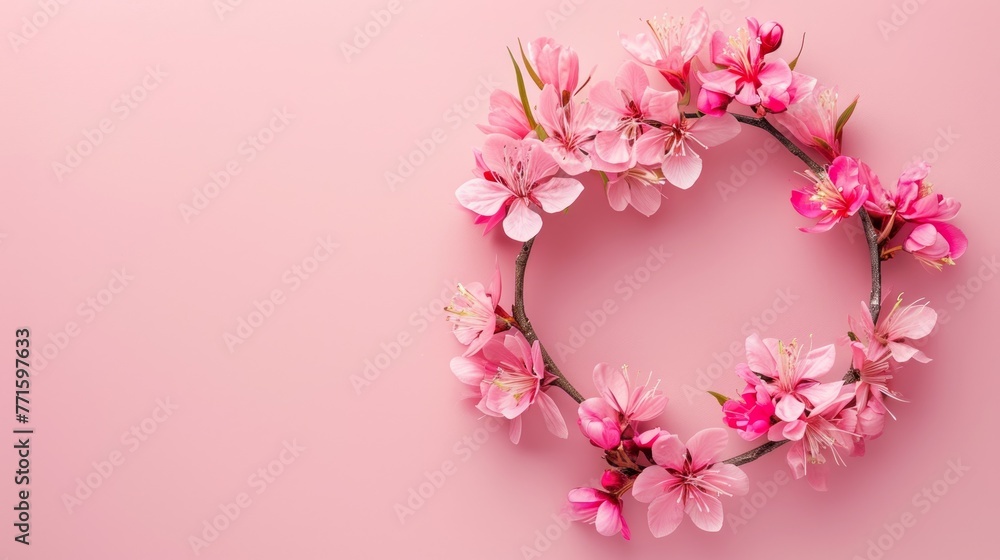 Flowers composition. Wreath made of pink flowers on pink background