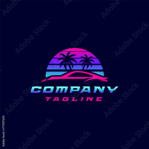 Colorful Car Silhouette In Beach Flavor Logo Design. Car Silhouette With Beach Sunset Background Logo Design.