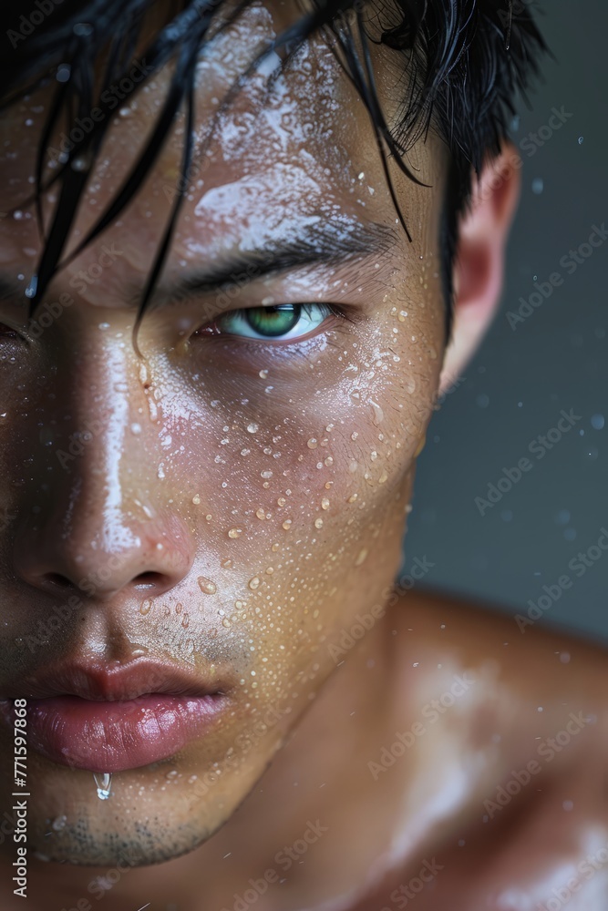 Close up of a young man with water droplets on his face, showing a refreshing and invigorating moment
