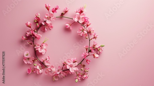 Flowers composition. Wreath made of pink flowers on pink background