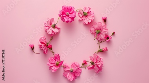 Flowers composition. Wreath made of pink flowers on pink background