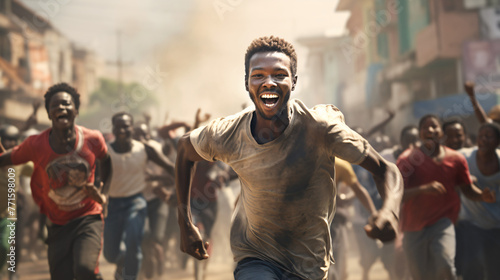 happy black man running in the streets with many other people