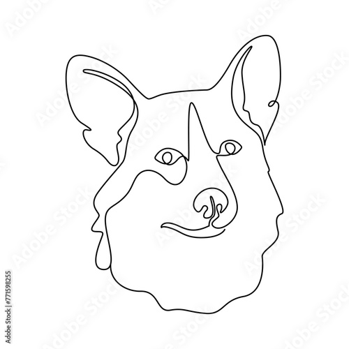 One continuous line drawing Welsh Corgi vector Image. Single line minimal style English Staffy dog breed portrait. Cute companion puppy black linear sketch isolated on white background. photo