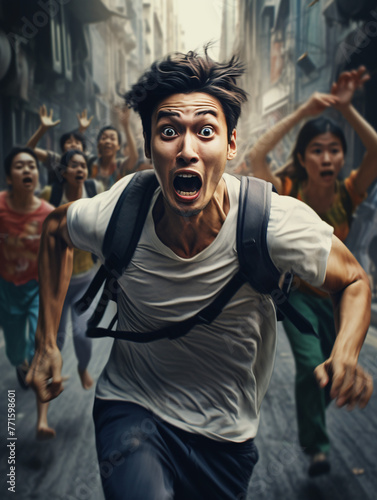 shocked scared screaming man running in the streets 