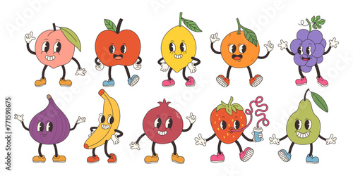 Groovy fruits set. Hand draw Funny Retro vintage trendy style fruits cartoon character. Doodle Comic collection © spirka.art
