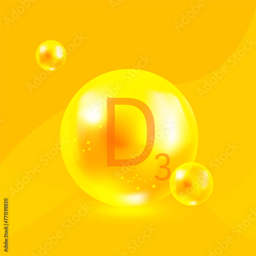 Vitamin D3, cholecalciferol complex, golden yellow shing capsule. Vector.