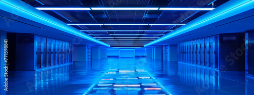Sleek Data Center Interior with Reflective Floor and Blue Lights