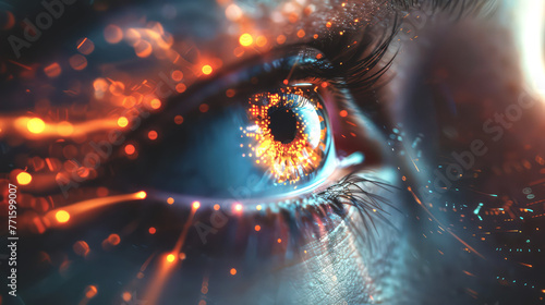 Closeup of woman's eye with digital data flowing in, the integration and flow between human creativity and AI technology. With dark blue to contrast with glowing orange cybernetic elements background