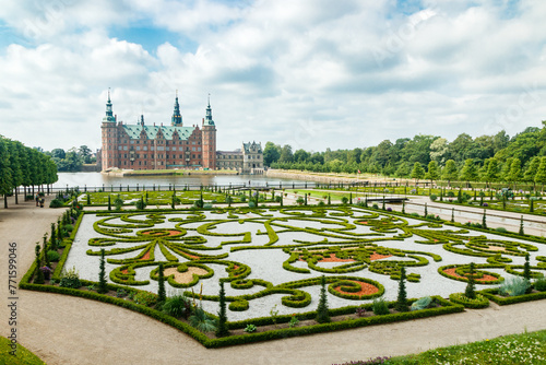 View of Frederiksborg castle with park in Hillerod, Denmark