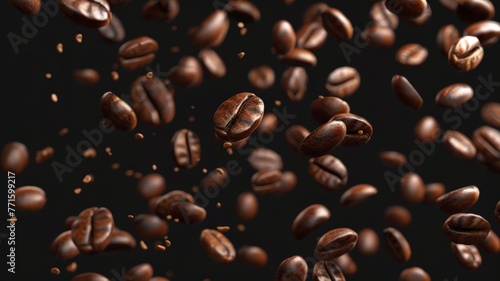 Numerous coffee beans falling and scattering in the air in a dynamic motion