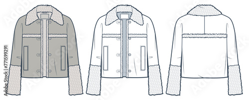 Leather Jacket technical fashion illustration. Bomber Jacket fashion technical drawing template, raglan bell sleeve, buttons, fur, front and back view, white, grey, women, men, unisex CAD mockup set.