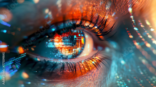 Closeup of woman's eye with digital data flowing in,  the integration and flow between human creativity and AI technology. With dark blue to contrast with glowing orange cybernetic elements background #771599845
