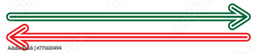 Two Opposite Arrows. Long arrow vector icon. Two sided green and red horizontal straight arrow set. 