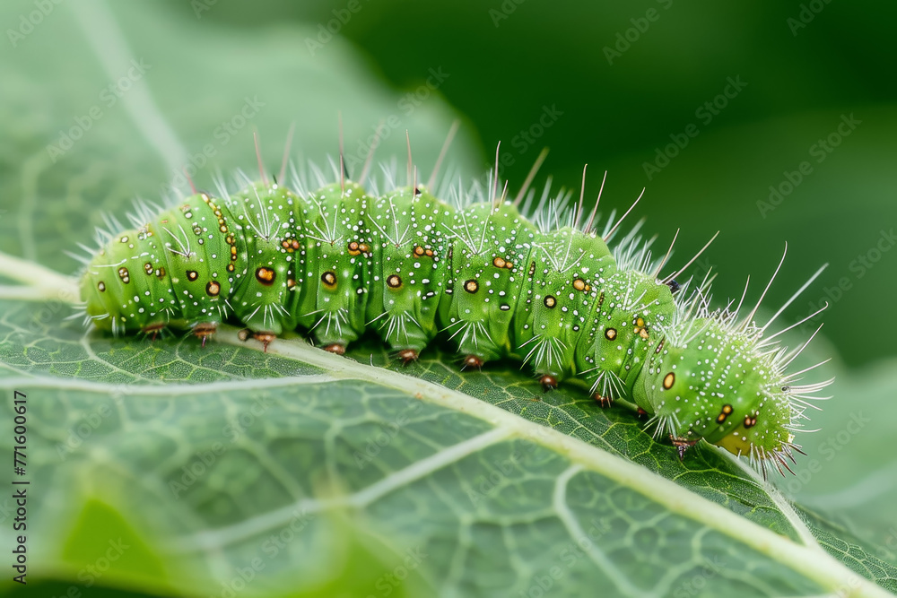 A green caterpillar with black spots on its back A green caterpillar with black spots on its back